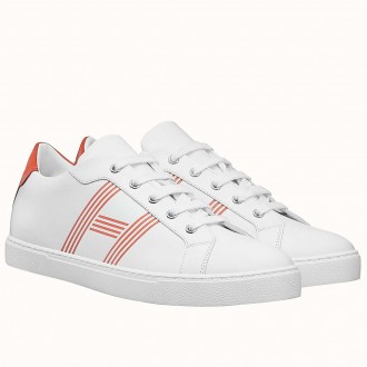 Hermes Avantage Sneakers In White/Orange Calfskin Hermes Avantage Sneakers In White/Orange Calfskin