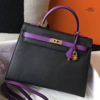 Hermes Bi-color Kelly 32cm Epsom Bag Black/Purple GHW Hermes Bi-color Kelly 32cm Epsom Bag Black/Purple GHW