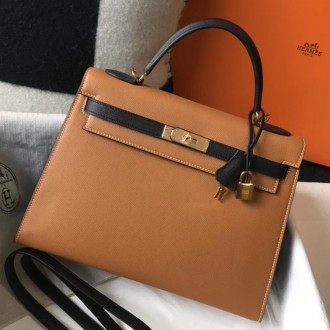 Hermes Bi-color Kelly 32cm Epsom Bag Gold/Black GHW Hermes Bi-color Kelly 32cm Epsom Bag Gold/Black GHW