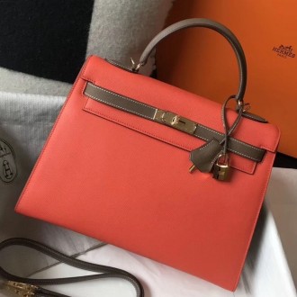 Hermes Bi-color Kelly 32cm Epsom Bag Piment/Taupe GHW Hermes Bi-color Kelly 32cm Epsom Bag Piment/Taupe GHW