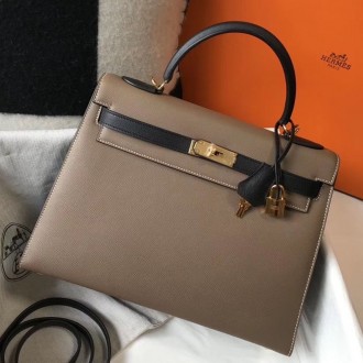 Hermes Bi-color Kelly 32cm Epsom Bag Taupe/Black GHW Hermes Bi-color Kelly 32cm Epsom Bag Taupe/Black GHW