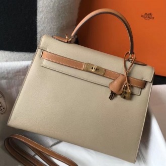 Hermes Bi-color Kelly 32cm Epsom Bag Tourterelle/Gold GHW Hermes Bi-color Kelly 32cm Epsom Bag Tourterelle/Gold GHW