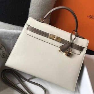 Hermes Bi-color Kelly 32cm Epsom Bag White/Taupe GHW Hermes Bi-color Kelly 32cm Epsom Bag White/Taupe GHW
