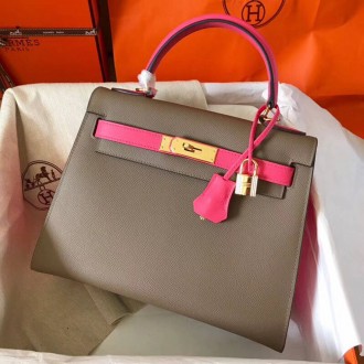 Hermes Bicolor Epsom Kelly 28cm Taupe Handmade Bag Hermes Bicolor Epsom Kelly 28cm Taupe Handmade Bag