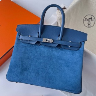 Hermes Birkin 25 Grizzly Bag in Blue Veau Doblis and Swift Leather Hermes Birkin 25 Grizzly Bag in Blue Veau Doblis and Swift Leather