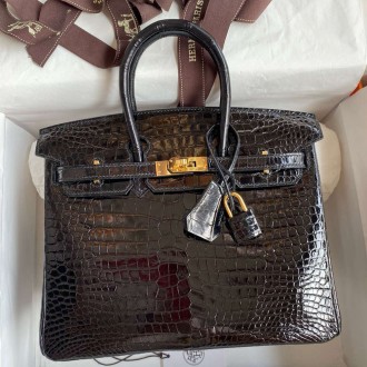 Hermes Birkin 25 Handmade Bag in Black Porosus Crocodile Shiny Skin Hermes Birkin 25 Handmade Bag in Black Porosus Crocodile Shiny Skin