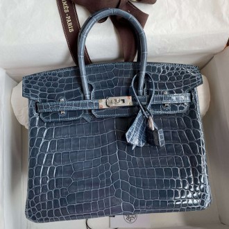 Hermes Birkin 25 Handmade Bag in Blue Tempete Crocodile Niloticus Shiny Skin Hermes Birkin 25 Handmade Bag in Blue Tempete Crocodile Niloticus Shiny Skin