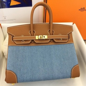 Hermes Birkin 25 Handmade Bag in Denim & Gold Clemence Leather Hermes Birkin 25 Handmade Bag in Denim & Gold Clemence Leather