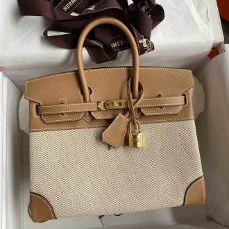 Hermes Birkin 25 Handmade Bag In Toile & Chai Epsom Leather Hermes Birkin 25 Handmade Bag In Toile & Chai Epsom Leather
