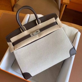 Hermes Birkin 25 Handmade Bag In Toile & Chocolat Swift Leather Hermes Birkin 25 Handmade Bag In Toile & Chocolat Swift Leather