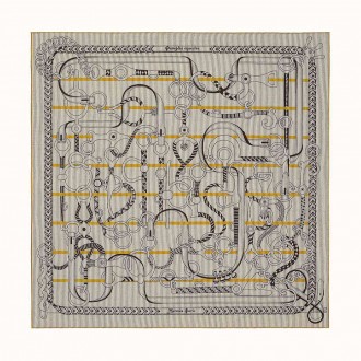 Hermes Grey/Yellow Panoplie Equestre Eyeliner Shawl 140 Hermes Grey/Yellow Panoplie Equestre Eyeliner Shawl 140