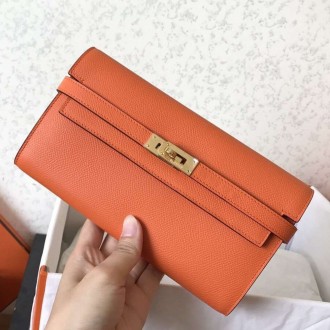 Hermes Kelly Classic Long Wallet In Orange Epsom Leather Hermes Kelly Classic Long Wallet In Orange Epsom Leather