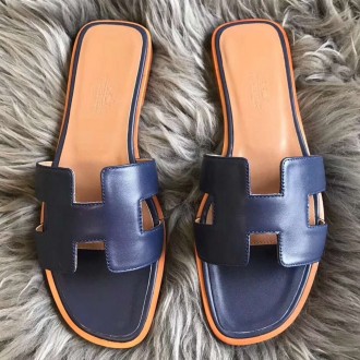 Hermes Oran Sandals In Navy Swift Leather Hermes Oran Sandals In Navy Swift Leather