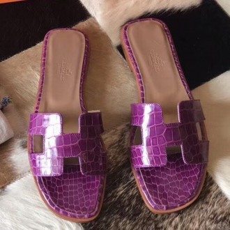 Hermes Oran Sandals In Purple Shiny Niloticus Crocodile Hermes Oran Sandals In Purple Shiny Niloticus Crocodile