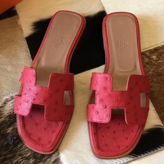 Hermes Oran Sandals In Red Ostrich Leather Hermes Oran Sandals In Red Ostrich Leather