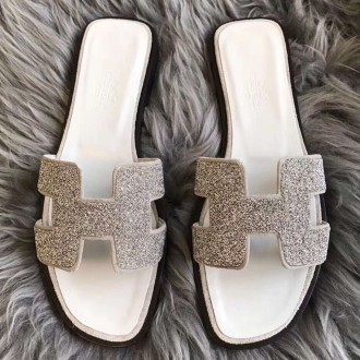 Hermes Oran Sandals In White Suede With Crystal Hermes Oran Sandals In White Suede With Crystal