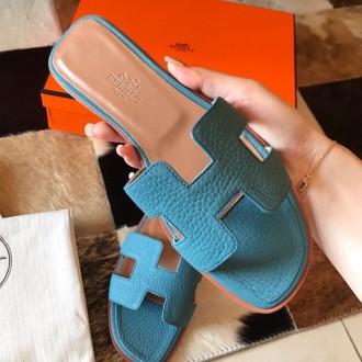 Hermes Oran Slide Sandals In Blue Jean Clemence Leather Hermes Oran Slide Sandals In Blue Jean Clemence Leather