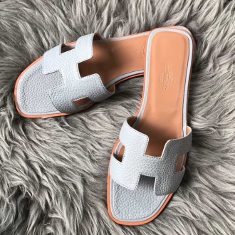Hermes Oran Slide Sandals In Blue Lin Clemence Leather Hermes Oran Slide Sandals In Blue Lin Clemence Leather