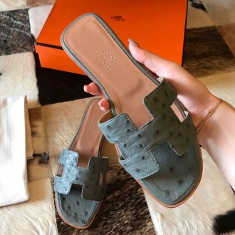 Hermes Oran Slide Sandals In Vert Amande Ostrich Leather Hermes Oran Slide Sandals In Vert Amande Ostrich Leather
