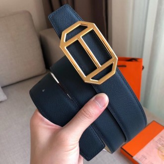 Hermes Pad Reversible Belt In Blue/White Epsom Leather Hermes Pad Reversible Belt In Blue/White Epsom Leather