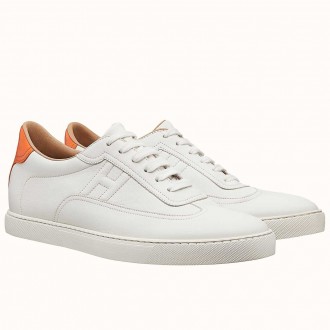 Hermes Quicker Sneakers In White/Orange Calfskin Hermes Quicker Sneakers In White/Orange Calfskin