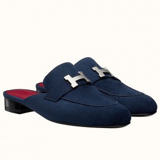 Hermes Trocadero Mules In Blue Suede Hermes Trocadero Mules In Blue Suede