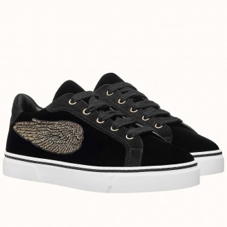Hermes Velvet Sneakers In Black Velvet With Embroidered Wing Patch Hermes Velvet Sneakers In Black Velvet With Embroidered Wing Patch