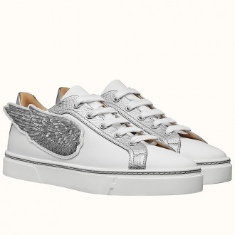 Hermes Velvet Sneakers In Blanc Calfskin With Printed Wing Patch Hermes Velvet Sneakers In Blanc Calfskin With Printed Wing Patch