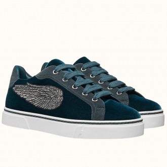 Hermes Velvet Sneakers In Blue Velvet With Embroidered Wing Patch Hermes Velvet Sneakers In Blue Velvet With Embroidered Wing Patch