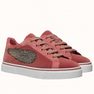 Hermes Velvet Sneakers In Pink Velvet With Embroidered Wing Patch Hermes Velvet Sneakers In Pink Velvet With Embroidered Wing Patch