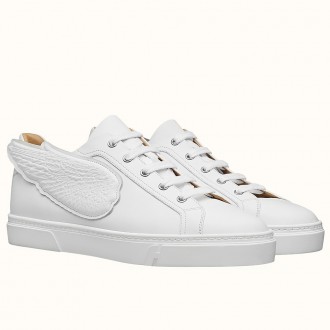 Hermes Velvet Sneakers In White Calfskin With Printed Wing Patch Hermes Velvet Sneakers In White Calfskin With Printed Wing Patch