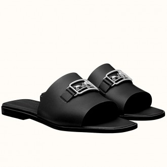 Hermes Villa Sandals In Black Calfskin Hermes Villa Sandals In Black Calfskin
