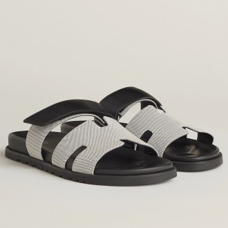 Hermes Women's Chypre Sandals In Canvas with Black Leather Hermes Women's Chypre Sandals In Canvas with Black Leather