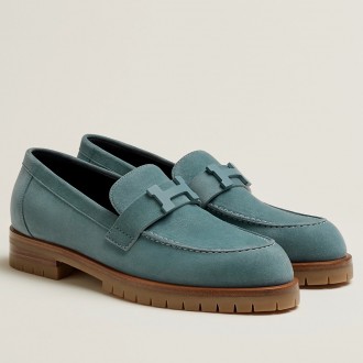 Hermes Women's Faubourg Loafers in Blue Suede Leather Hermes Women's Faubourg Loafers in Blue Suede Leather