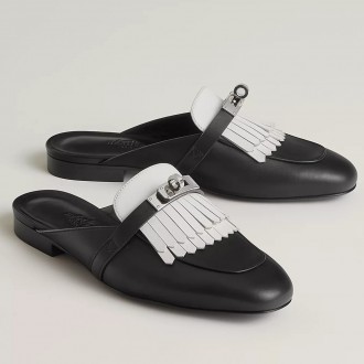 Hermes Women's Oz Mules with Fringed in Black/White Leather Hermes Women's Oz Mules with Fringed in Black/White Leather