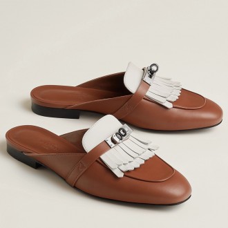 Hermes Women's Oz Mules with Fringed in Brown/White Leather Hermes Women's Oz Mules with Fringed in Brown/White Leather