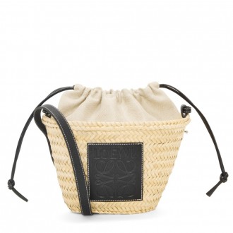 Loewe Drawstring Bucket Bag in Palm Leaf and Black Calfskin Loewe Drawstring Bucket Bag in Palm Leaf and Black Calfskin