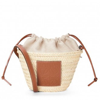 Loewe Drawstring Bucket Bag in Palm Leaf and Brown Calfskin Loewe Drawstring Bucket Bag in Palm Leaf and Brown Calfskin