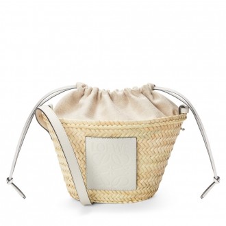 Loewe Drawstring Bucket Bag in Palm Leaf and White Calfskin Loewe Drawstring Bucket Bag in Palm Leaf and White Calfskin