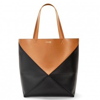 Loewe Large Puzzle Fold Tote Bag in Tan and Black Calfskin