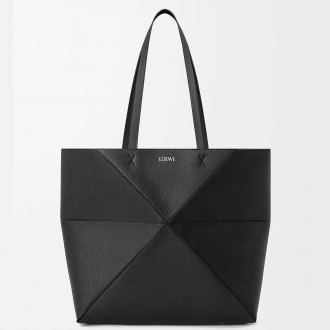 Loewe Medium Horizontal Puzzle Fold Tote Bag in Black Grained Leather