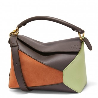 Loewe Puzzle Small Bag in Tan Suede and Chocolate Calfskin
