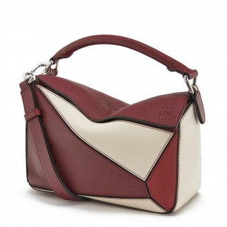 Loewe Small Puzzle Bag In Bordeaux/Garnet/White Calfskin Loewe Small Puzzle Bag In Bordeaux/Garnet/White Calfskin