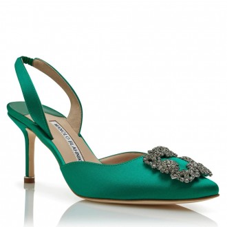 Manolo Blahnik Hangisi 70 Slingback Pumps in Green Satin Manolo Blahnik Hangisi 70 Slingback Pumps in Green Satin