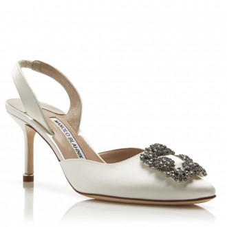 Manolo Blahnik Hangisi 70 Slingback Pumps in White Satin Manolo Blahnik Hangisi 70 Slingback Pumps in White Satin
