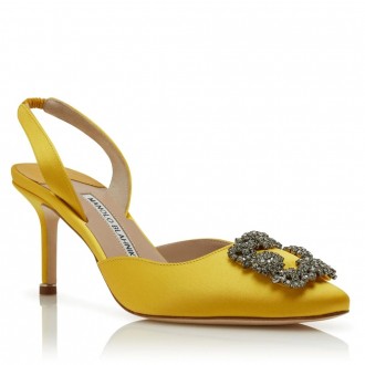 Manolo Blahnik Hangisi 70 Slingback Pumps in Yellow Satin Manolo Blahnik Hangisi 70 Slingback Pumps in Yellow Satin