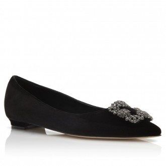 Manolo Blahnik Hangisi Flats In Black Velvet with Crystal Buckle Manolo Blahnik Hangisi Flats In Black Velvet with Crystal Buckle