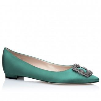 Manolo Blahnik Hangisi Flats In Green Satin Manolo Blahnik Hangisi Flats In Green Satin
