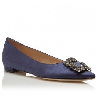 Manolo Blahnik Hangisi Flats In Navy Blue Satin Manolo Blahnik Hangisi Flats In Navy Blue Satin