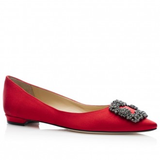 Manolo Blahnik Hangisi Flats In Red Satin Manolo Blahnik Hangisi Flats In Red Satin
